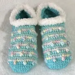 厚手　あったか手編みのルームソックス　 モコモコ　ポップコーン　ブルー