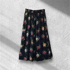 vintage ロングスカート 黒ベース 花柄 90s 昭和レトロ フェミニン