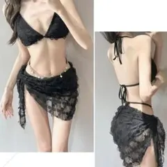 ビキニ 水着 3点セット レディース 体型カバー ブラック パレオ ビジュー