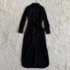 ポロラルフローレン ロングシャツワンピース 黒 ベルト付 長袖 前開き 無地