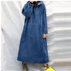 ロングワンピース デニム ヴィンテージ風 ゆったり 体型カバー　3L方までA14