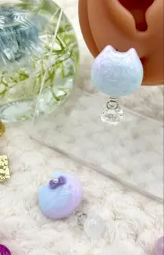 透明感ねこピアス パステル×オーロラ｜サージカルステンレス｜一点物 猫