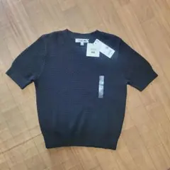 【新品/未着用】ユニクロ コットンポップコーンクルーセーター半袖 S ブラック