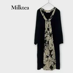 ミルクティー ボウタイ付き ワンピース 長袖 ペイズリー ブラック M相当 上品