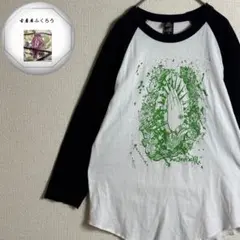 レディース　グリーン　白　黒　プリントデザイン　七分袖　ラグラン　Tシャツ　古着