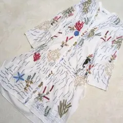 ZARA 海モチーフ 刺繍 ロングシャツワンピース チャイナボタン