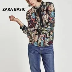 ZARA BASIC ザラベーシック 花柄 フリルカラー リボンタイ ブラウス