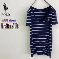 US規格 RALPH LAUREN Vネック半袖Tシャツ ネイビー レディースM
