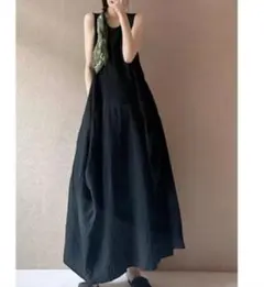 ワンピースブラックワンピ大人可愛いゆったりノースリーブお洒落リネン綿ロング黒