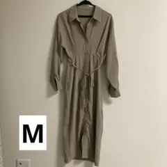 J U N O AH ベージュ シャツワンピース 長袖 ウエストリボン付き