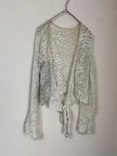 アイボリー レース編み カーディガン 長袖 花柄 レディース ボレロ 白