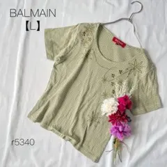 バルマン　半袖Tシャツ ボーダー 花柄 ラインストーン 綿100％　グリーン　Lのサムネイル