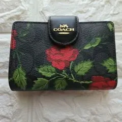 COACH 二つ折り財布 薔薇柄 ブラック
