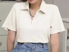 ハーフジップ ポロシャツ クロップド丈 ホワイト　SHEIN