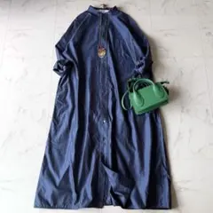 美品＊ビアズリー リネンスキッパーワンピース F ネイビー紺 麻100