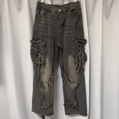韓国 poem 星型カットアウト カーゴデニムパンツ ブラック