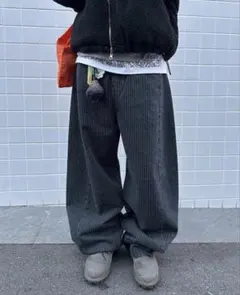グレー コーデュロイ ワイドパンツ ストライプ