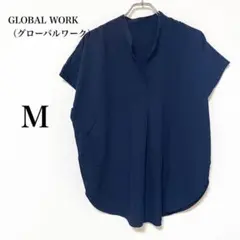 【グローバルワーク】ネイビー　スキッパー　Vネックシャツ　ゆったり　シンプル　M
