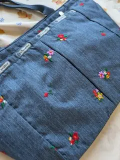 レスポ新品✨デニムブルー 花柄刺繍 トートバッグ