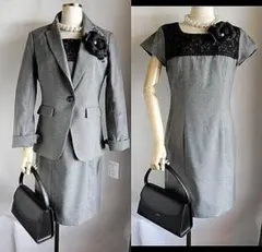 値下♪新品9号グレージャケット+レース付上品ワンピーススーツ卒業式オケージョン