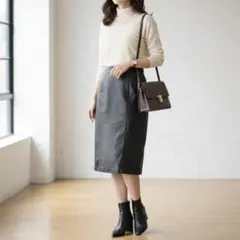 G4370*レディース☆牛革☆ひざ丈☆レザースカート☆黒ブラック☆15