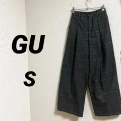 【GU ジーユー】 チェックワイドパンツ グレー系 ウエストゴム S 大人女子