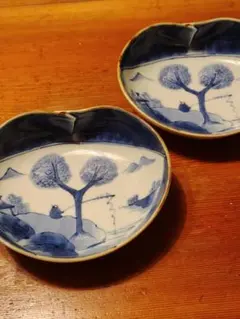 江戸の粋を感じる】古伊万里 染付 鳳凰図 輪花皿2枚セット Old Imari