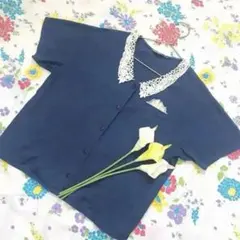 ⭐️レトロ古着　レース襟　リネン混　トップス⭐️ブラウス　ヴィンテージ　春夏　青