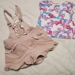 ね*娘様 リボン柄Tシャツとオーバーオールセット