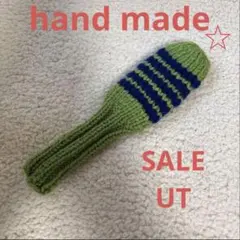 ゴルフニットヘッドカバーUT用ハンドメイド黄緑＆紺ライン5