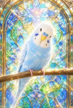 ステンドグラス　インコ　幻想的　キラキラ　光のアート　セキセイインコ　D235