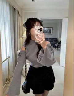 格安 グレイル ショルダーオープンリボンリブニットトップス ［Cu473］