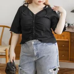 CLETTE 肩リボンギャザー半袖プルオーバー ブラック 大きいサイズ トップスのサムネイル