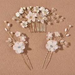 ヘッドアクセ　フラワー　3点セット　ゴールド