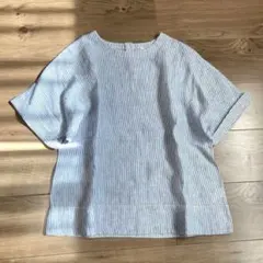 【美品】無印良品 麻100% ブルーストライプ 半袖シャツ Ｓ
