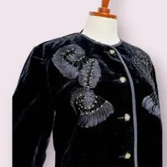 vintageヴィンテージジャケットベロア黒ノーカラーレトロヨーロッパ海外古着