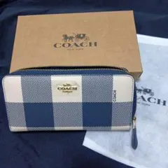 COACH 長財布 ネイビー/ホワイトチェック
