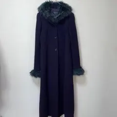 訳あり　インディヴィ　ファー付きロングコート　ダークパープル　ウール　38M