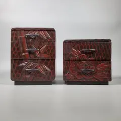 昭和レトロ 木製 鎌倉彫り彫刻小箪笥 2点セット➕プレゼント付き