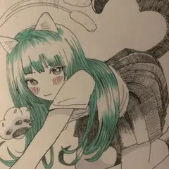 猫耳　女の子　手描きイラスト　色紙イラスト