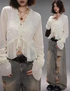 SHEIN フリル ブラウス アプリコット 韓国