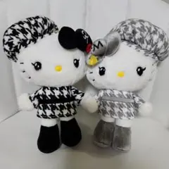 マスコットキーホルダー モノクロガーリーふたごコーデ　千鳥柄 キティ ミミィ