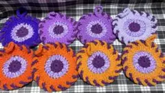 ハンドメイド 手編み 抗菌防臭アクリル毛糸たわしコースター8枚 ハロウィンカラー