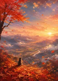 【3枚で1200円】☆紅葉と猫の幻想的アートポスター
