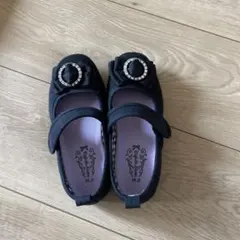 リボン付きビジュー黒フォーマルシューズ