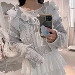 メリージェニー　りぼん透かし編みカーディガン　ボレロ　グレー　ニット　フリルのサムネイル
