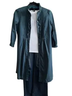 ユナイテッドアローズ　ダークグリーン 七分袖シャツワンピース フリルデザイン