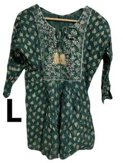 美品✨️インド綿 豪華ゴールド刺繍 チュニック L 深緑 エスニック アジアン