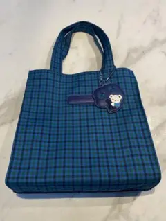 ファミリア　小　青と緑のチェック柄トートバッグ