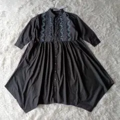 新品 iS ScoLar 長袖ワンピース 刺繍 裾変形 ゆったり ブラック M